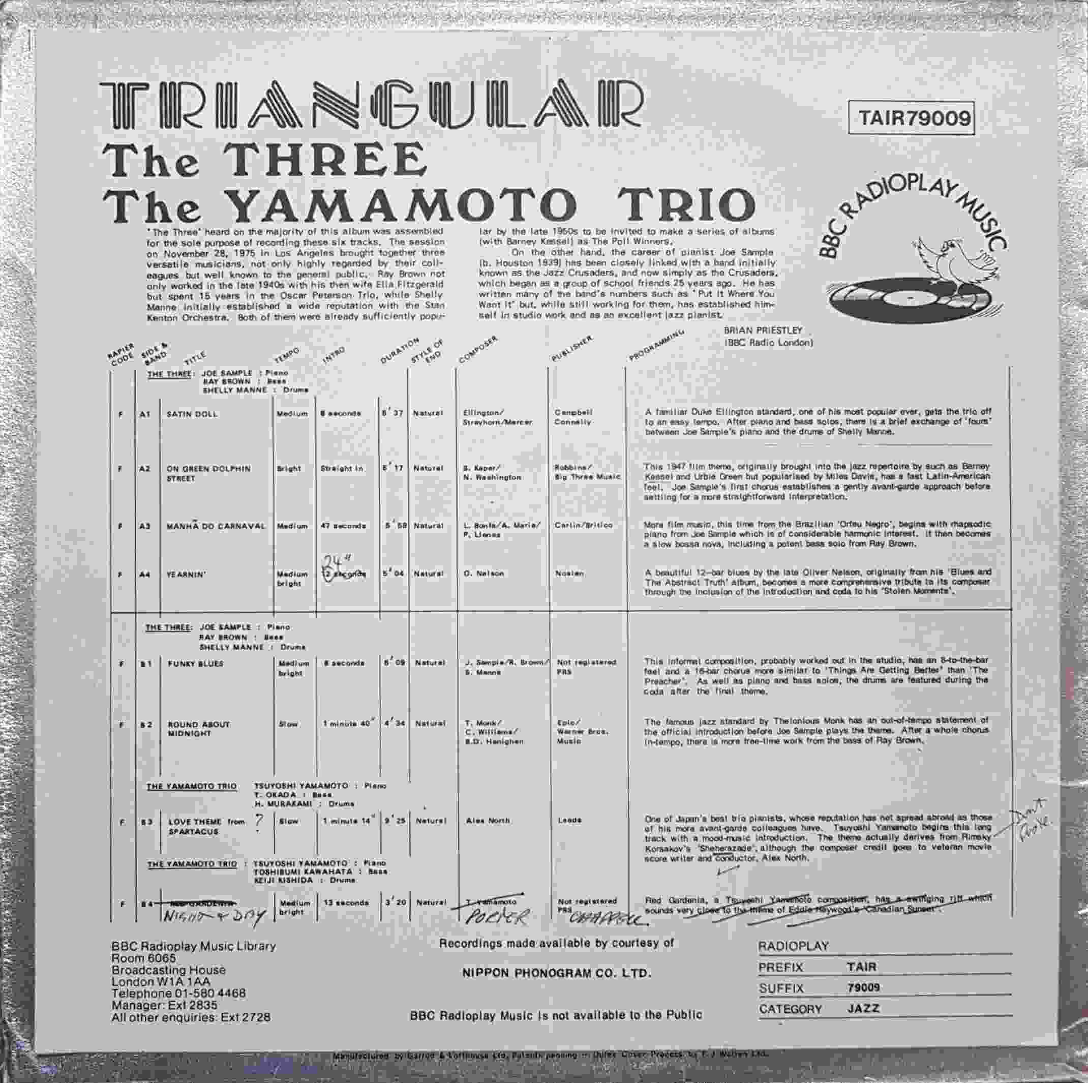 Picture of TAIR 79009 Triangular by artist The Three The Yamamoto Trio from the BBC records and Tapes library